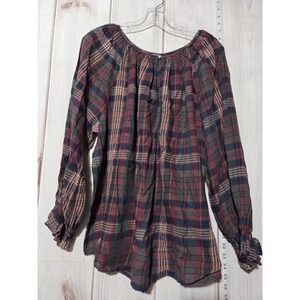Chaps Shirt Womens 1X Plaid Long Sleeve Peasant Top Ruffle Cuff Cotton Blouse